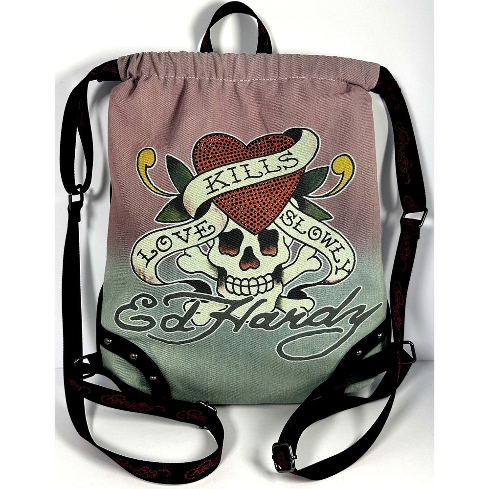 Ed Hardy Canvas Backpack with Skull & Hearts NWT Tattoo Y2K Rhinestones‎